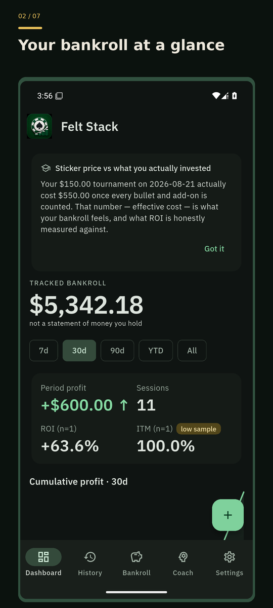 Felt Stack dashboard showing tracked bankroll and recent performance