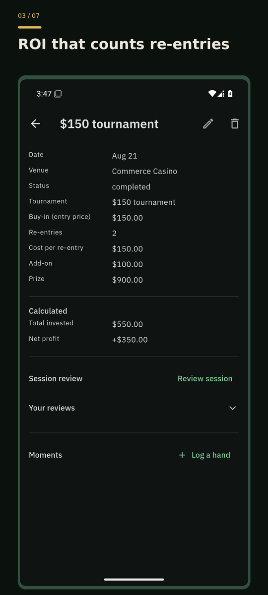 Felt Stack tournament detail screen with invested amount and return